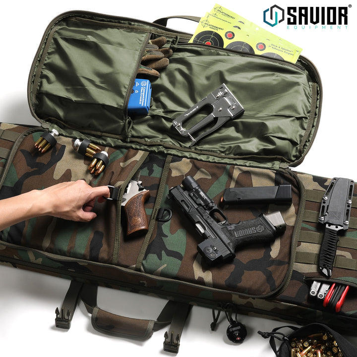 Fits Two Pistols - D-ring pull tabs make it simple to access the large padded pistol sleeve. Store accessories in the zippered sleeves located on the cover. Accessories shown not included.#color_m81-woodland