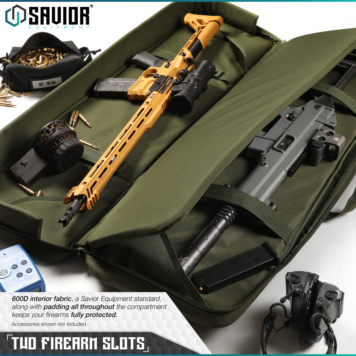 Two Rifle Slots - 600D interior fabric, a Savior Equipment standard, along with padding all throughout the compartment keeps your firearms fully protected. Accessories shown not included.