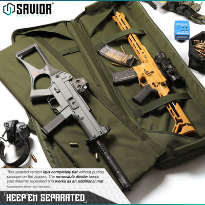 Keep'Em Separated - This updated version lays completely flat without putting pressure on the zippers. The removable divider keeps your firearms separated and works as an additional mat. Accessories shown not included.