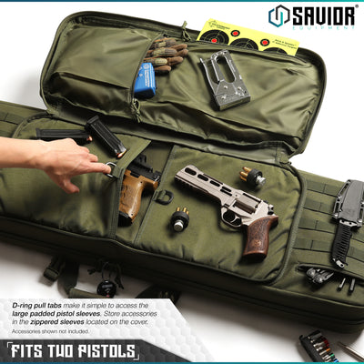 Fits Two Pistols - D-ring pull tabs make it simple to access the large padded pistol sleeve. Store accessories in the zippered sleeves located on the cover. Accessories shown not included.