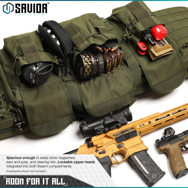 Room For It All - Spacious enough to easily store magazines, ears and eyes, and cleaning kits. Lockable zipper heads integrated into both firearm compartments. Accessories shown not included.#color_od-green