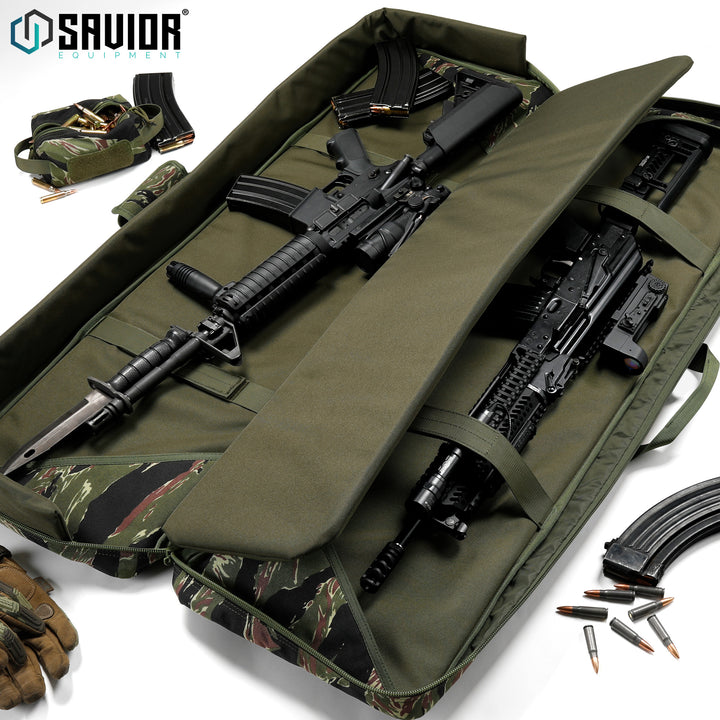 Two Rifle Slots - 1000D fabric along with padding all throughout the compartment keeps your firearms fully protected. Accessories shown not included.#color_tiger-stripe