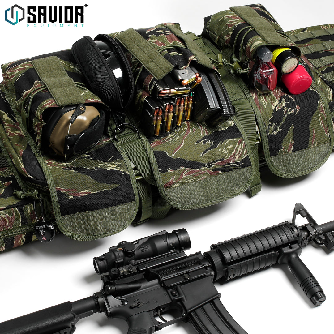 Room For It All - Spacious enough to easily store magazines, ears and eyes, and cleaning kits. Lockable zipper heads integrated into both firearm compartments. Accessories shown not included.#color_tiger-stripe