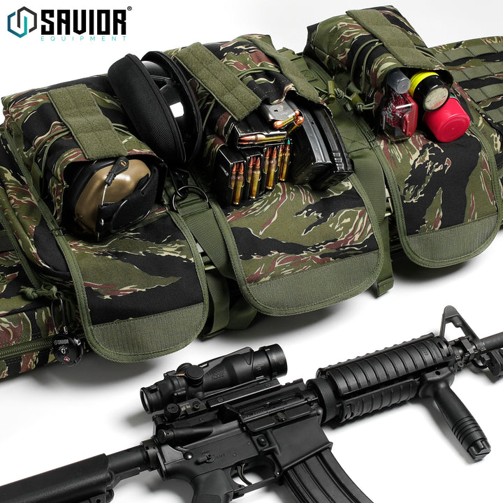 Room For It All - Spacious enough to easily store magazines, ears and eyes, and cleaning kits. Lockable zipper heads integrated into both firearm compartments. Accessories shown not included.#color_tiger-stripe
