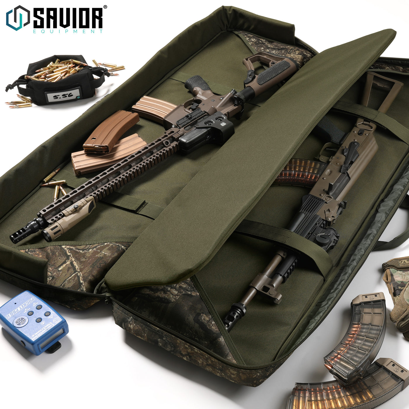 Two Rifle Slots - 1000D fabric along with padding all throughout the compartment keeps your firearms fully protected. Accessories shown not included.