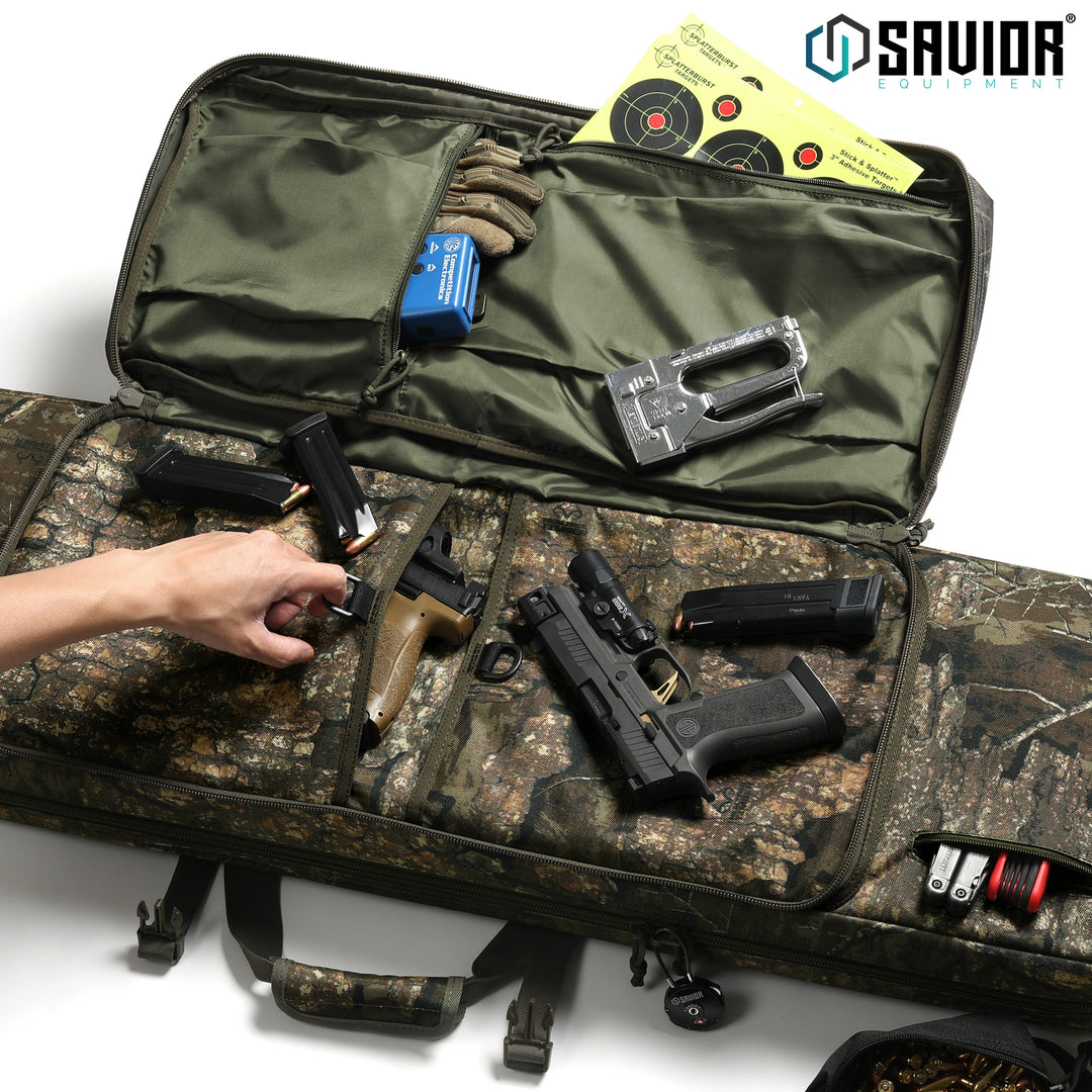 Fits Two Pistols - D-ring pull tabs make it simple to access the large padded pistol sleeve. Store accessories in the zippered sleeves located on the cover. Accessories shown not included.#color_realtree-timber