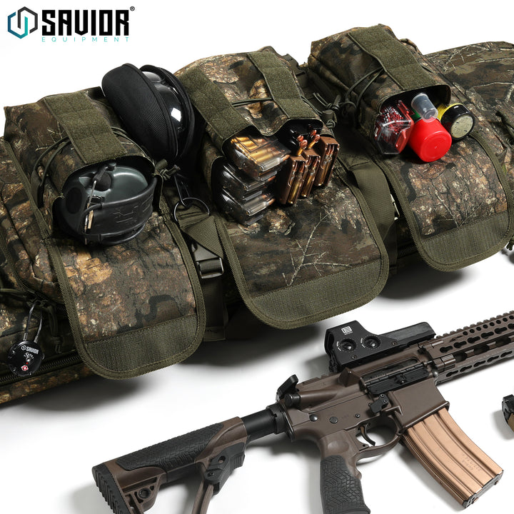 Room For It All - Spacious enough to easily store magazines, ears and eyes, and cleaning kits. Lockable zipper heads integrated into both firearm compartments. Accessories shown not included.#color_realtree-timber