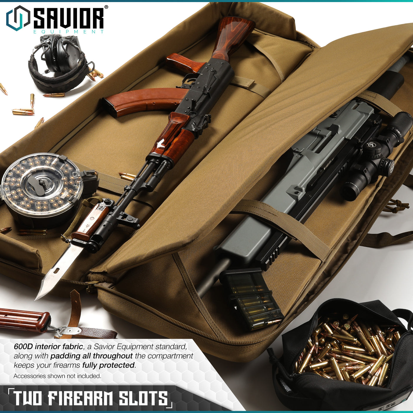 Two Rifle Slots - 600D interior fabric, a Savior Equipment standard, along with padding all throughout the compartment keeps your firearms fully protected. Accessories shown not included.