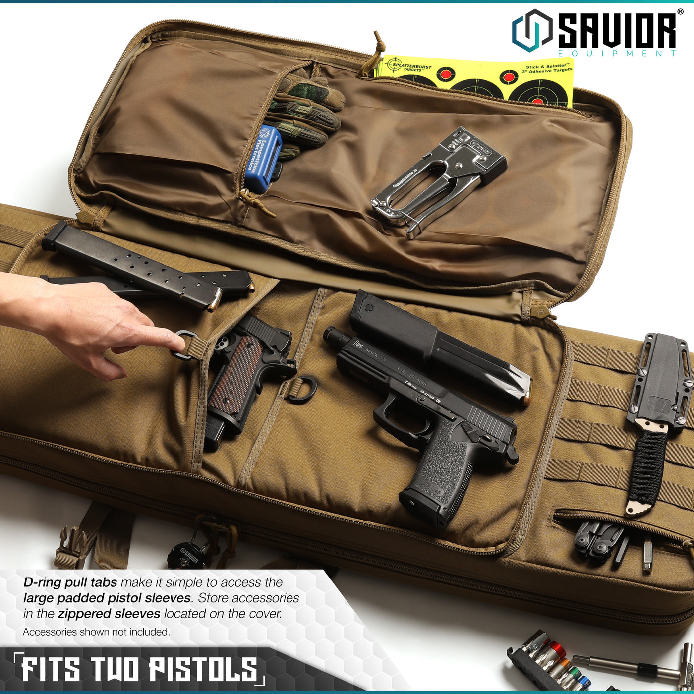 Fits Two Pistols - D-ring pull tabs make it simple to access the large padded pistol sleeve. Store accessories in the zippered sleeves located on the cover. Accessories shown not included.