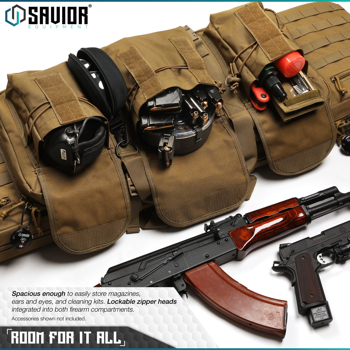 Room For It All - Spacious enough to easily store magazines, ears and eyes, and cleaning kits. Lockable zipper heads integrated into both firearm compartments. Accessories shown not included.#color_dark-fde
