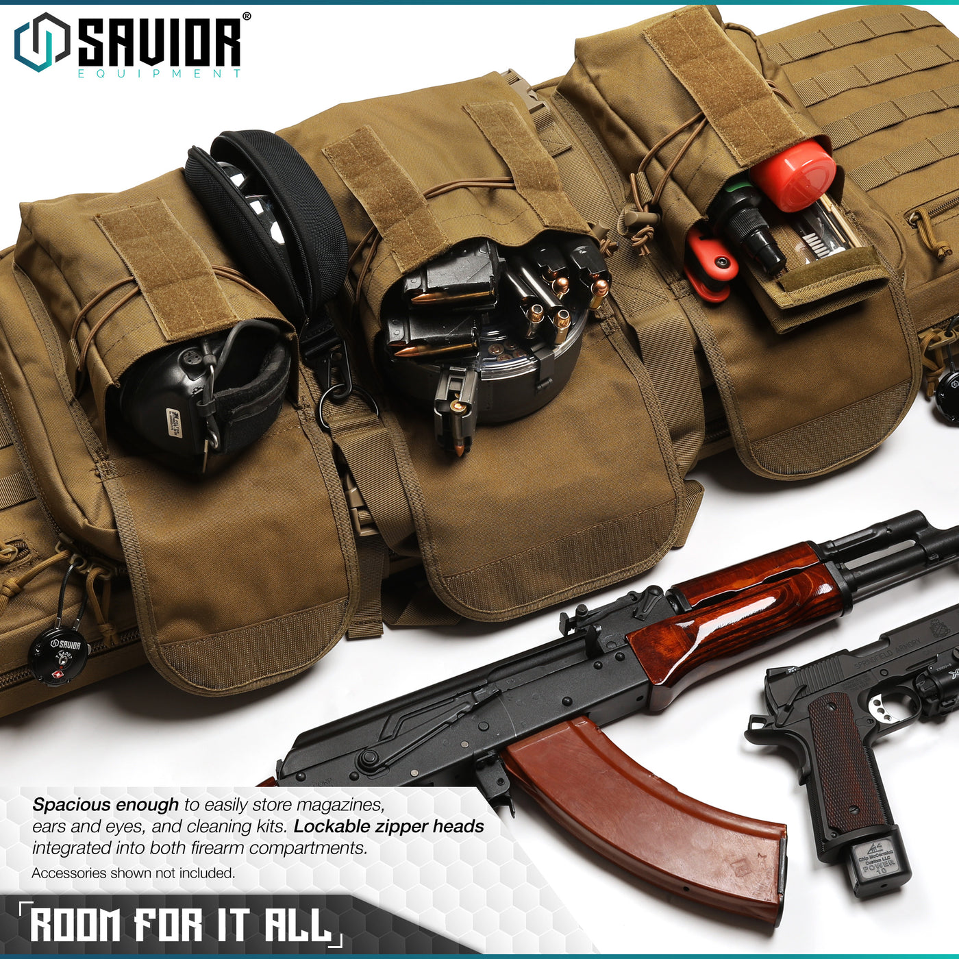 Room For It All - Spacious enough to easily store magazines, ears and eyes, and cleaning kits. Lockable zipper heads integrated into both firearm compartments. Accessories shown not included.