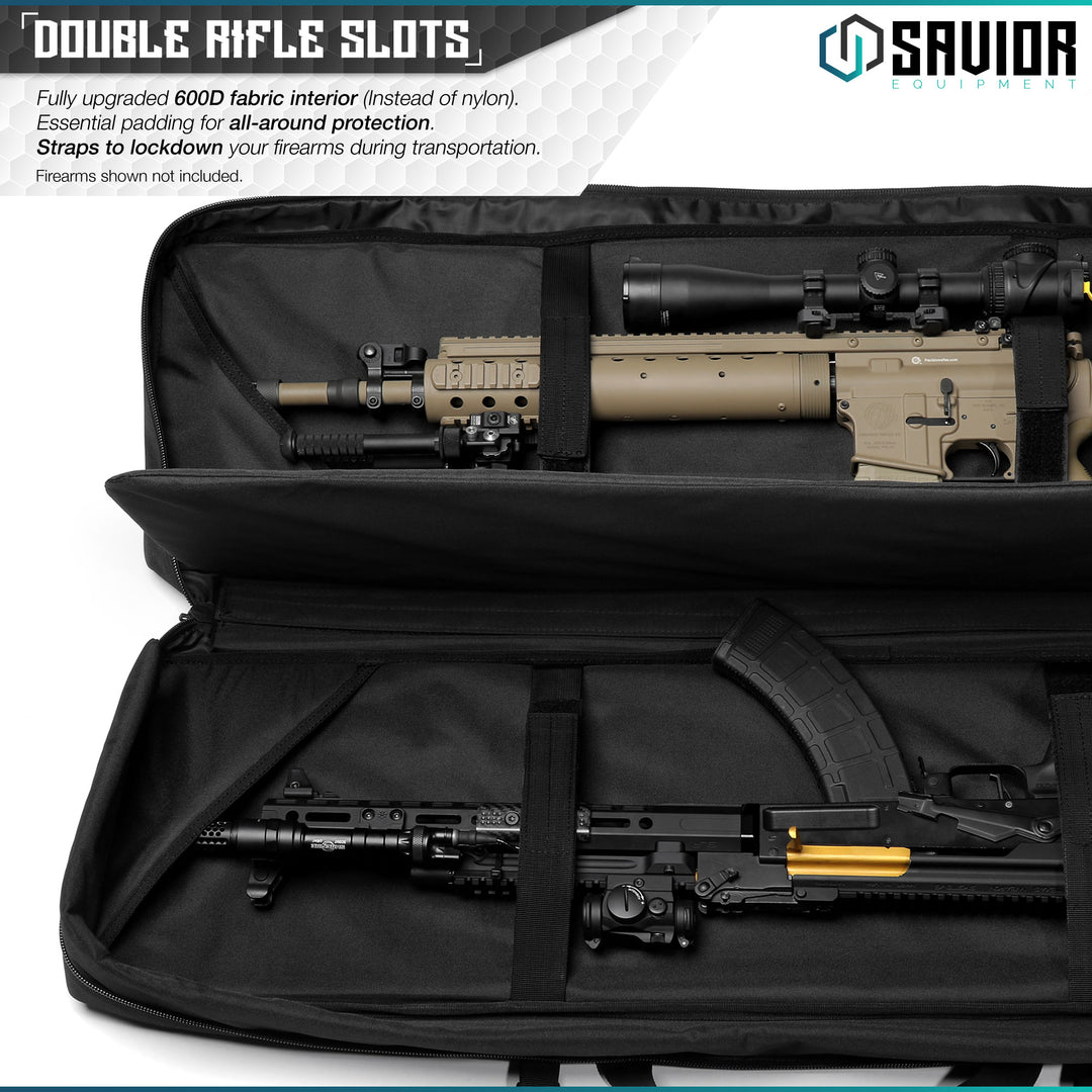 Double Rifle Slots - Fully upgraded 600D fabric interior (instead of nylon). Essential padding for all-around protection. Straps to lockdown your firearms during transportation. Firearms shown not included.#color_obsidian-black