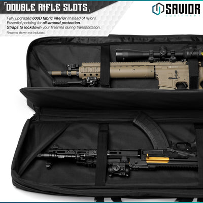 Double Rifle Slots - Fully upgraded 600D fabric interior (instead of nylon). Essential padding for all-around protection. Straps to lockdown your firearms during transportation. Firearms shown not included.