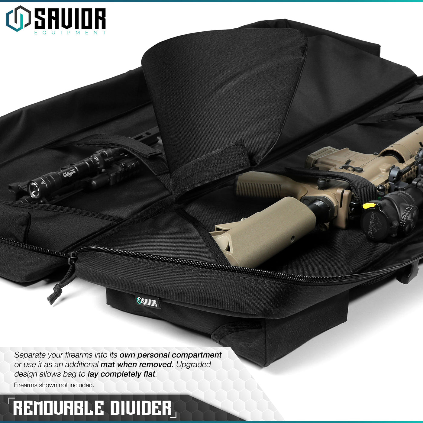 Removable Divider - Separate Your Firearms Into Its Own Personal Compartment or Use it as an Additional Mat when Removed. Upgraded design allows bag to lay completely flat. Firearms shown not included.