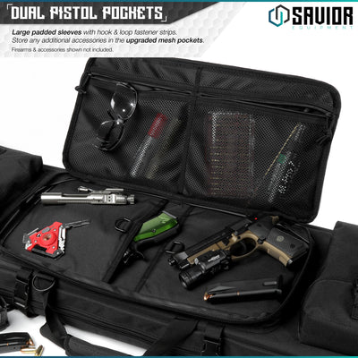 Dual Pistol Pockets - Large padded sleeves with hook & loop fastener strips. Store any additional accessories in the upgraded mesh pockets. Firearm & accessories shown not included.#color_obsidian-black