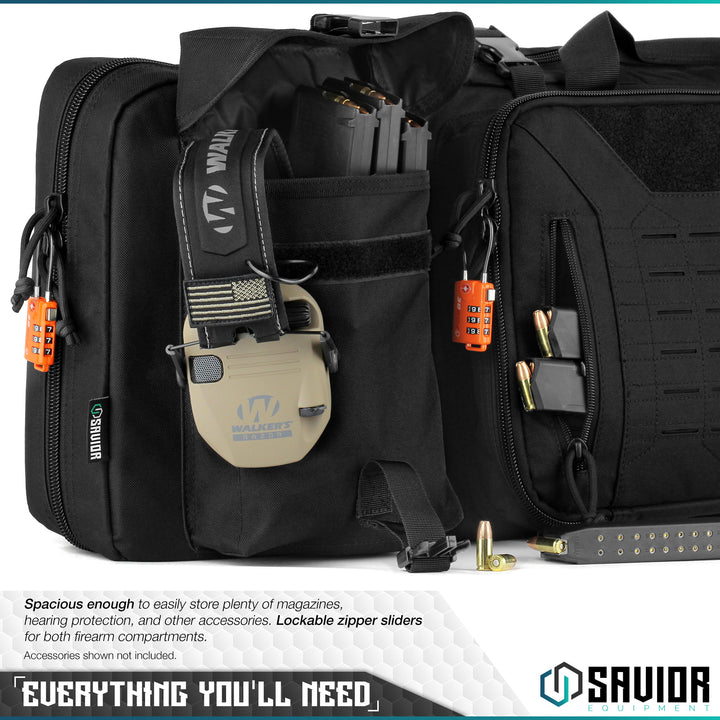 Everything You'll Need - Spacious enough to easily store magazines, hearing protection, and other accessories. Lockable zipper sliders for both firearm compartments. Accessories shown not included.#color_obsidian-black
