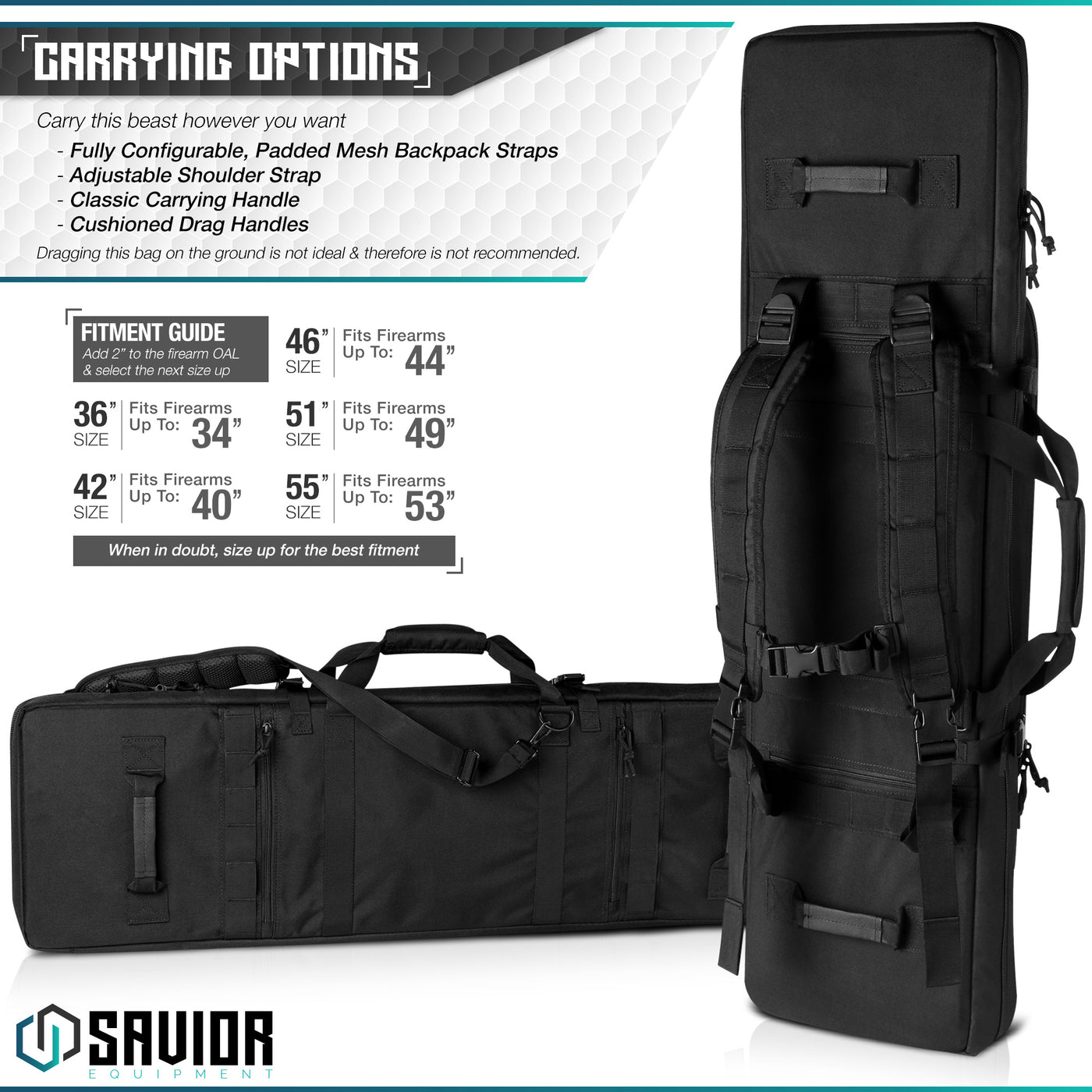 Carrying Options - Carry this beast however you want. Fully configurable, padded mesh backpack straps. Adjustable shoulder strap. Classic carrying handle. Cushioned drag handles. Dragging this bag on the ground is not ideal and there is not recommended.#color_obsidian-black