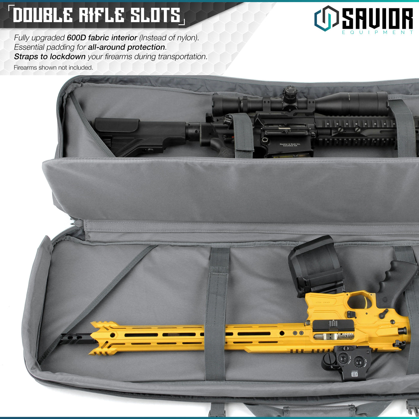 Double Rifle Slots - Fully upgraded 600D fabric interior (instead of nylon). Essential padding for all-around protection. Straps to lockdown your firearms during transportation. Firearms shown not included.