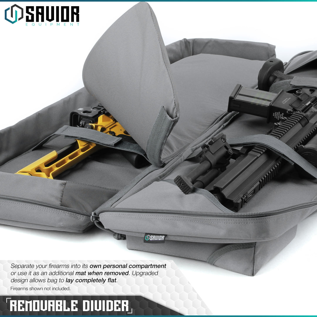 Removable Divider - Separate Your Firearms Into Its Own Personal Compartment or Use it as an Additional Mat when Removed. Upgraded design allows bag to lay completely flat. Firearms shown not included.#color_sw-gray