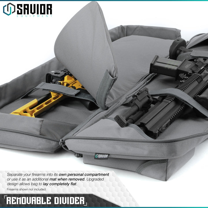 Removable Divider - Separate Your Firearms Into Its Own Personal Compartment or Use it as an Additional Mat when Removed. Upgraded design allows bag to lay completely flat. Firearms shown not included.#color_sw-gray
