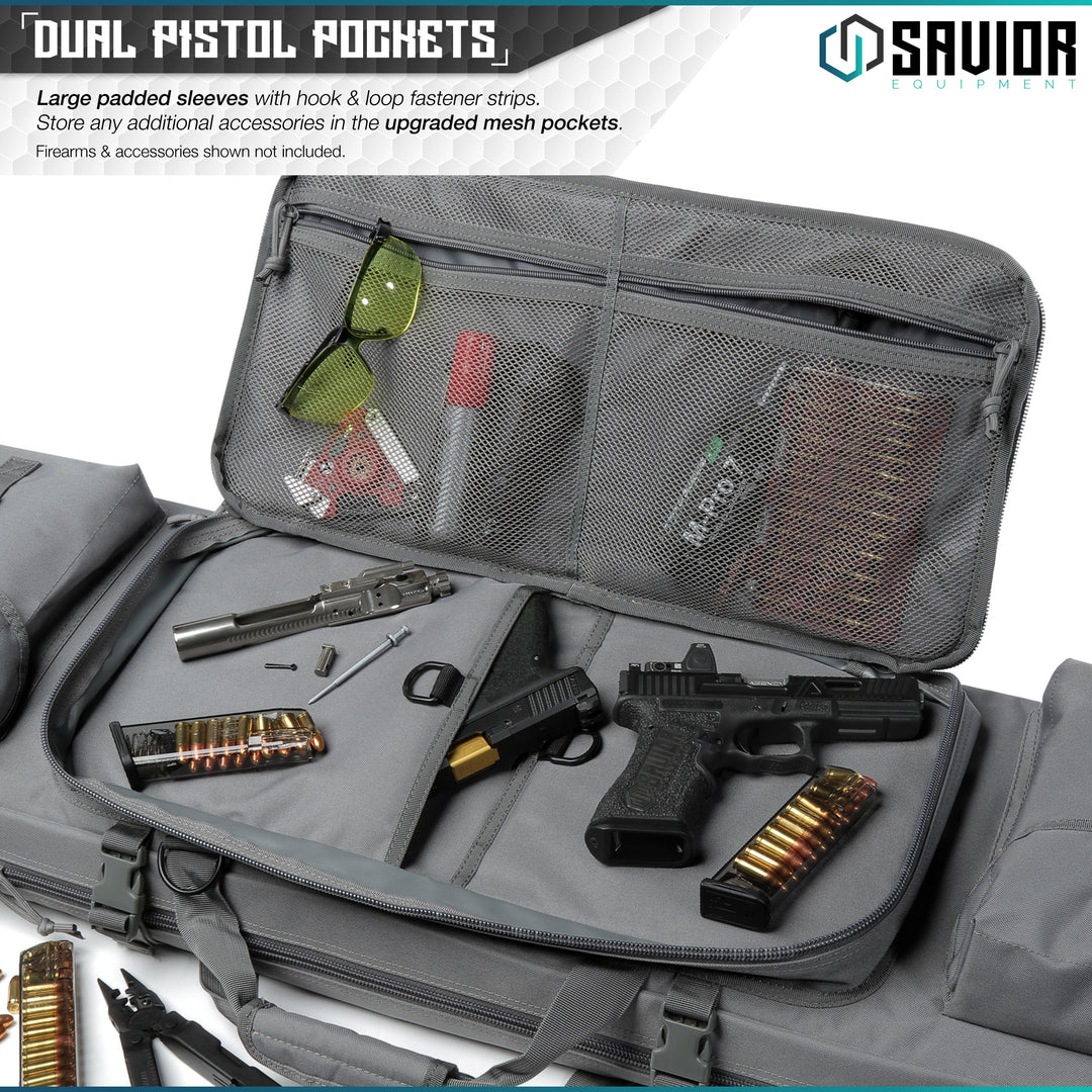 Dual Pistol Pockets - Large padded sleeves with hook & loop fastener strips. Store any additional accessories in the upgraded mesh pockets. Firearm & accessories shown not included.#color_sw-gray