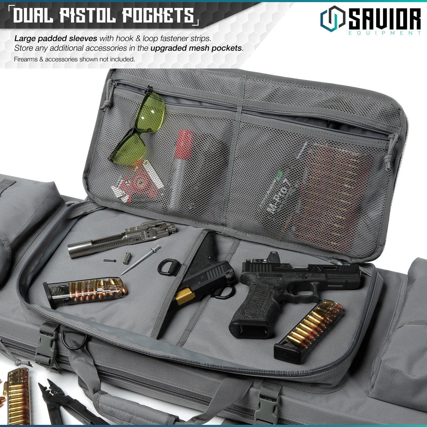 Dual Pistol Pockets - Large padded sleeves with hook & loop fastener strips. Store any additional accessories in the upgraded mesh pockets. Firearm & accessories shown not included.