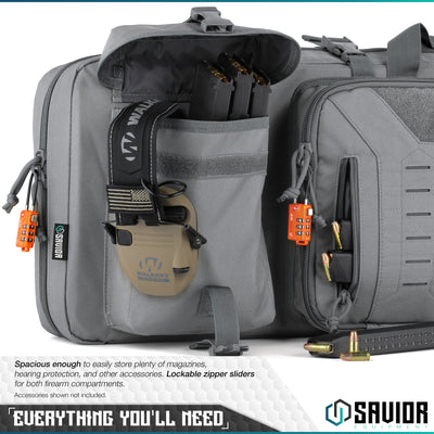 Everything You'll Need - Spacious enough to easily store magazines, hearing protection, and other accessories. Lockable zipper sliders for both firearm compartments. Accessories shown not included.