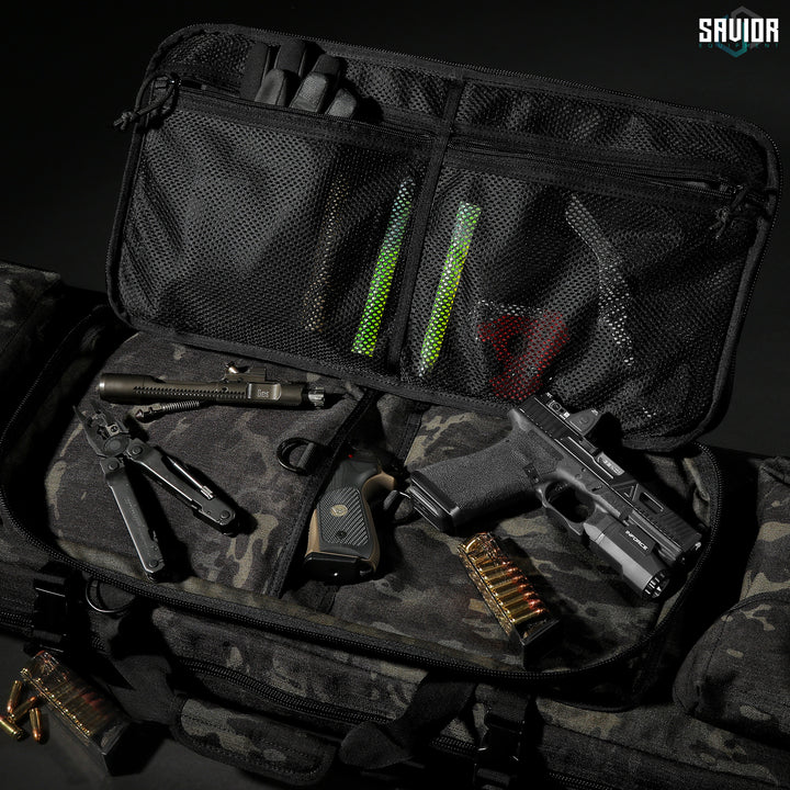Dual Pistol Pockets - Large padded sleeves with hook & loop fastener strips. Store any additional accessories in the upgraded mesh pockets. Firearm & accessories shown not included.#color_multicam-black