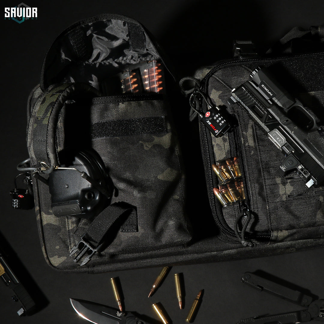 Everything You'll Need - Spacious enough to easily store magazines, hearing protection, and other accessories. Lockable zipper sliders for both firearm compartments. Accessories shown not included.#color_multicam-black