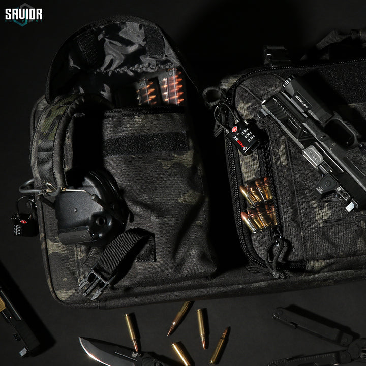 Everything You'll Need - Spacious enough to easily store magazines, hearing protection, and other accessories. Lockable zipper sliders for both firearm compartments. Accessories shown not included.#color_multicam-black