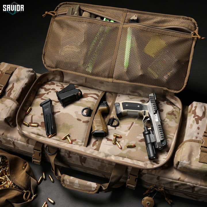 Dual Pistol Pockets - Large padded sleeves with hook & loop fastener strips. Store any additional accessories in the upgraded mesh pockets. Firearm & accessories shown not included.#color_multicam-arid