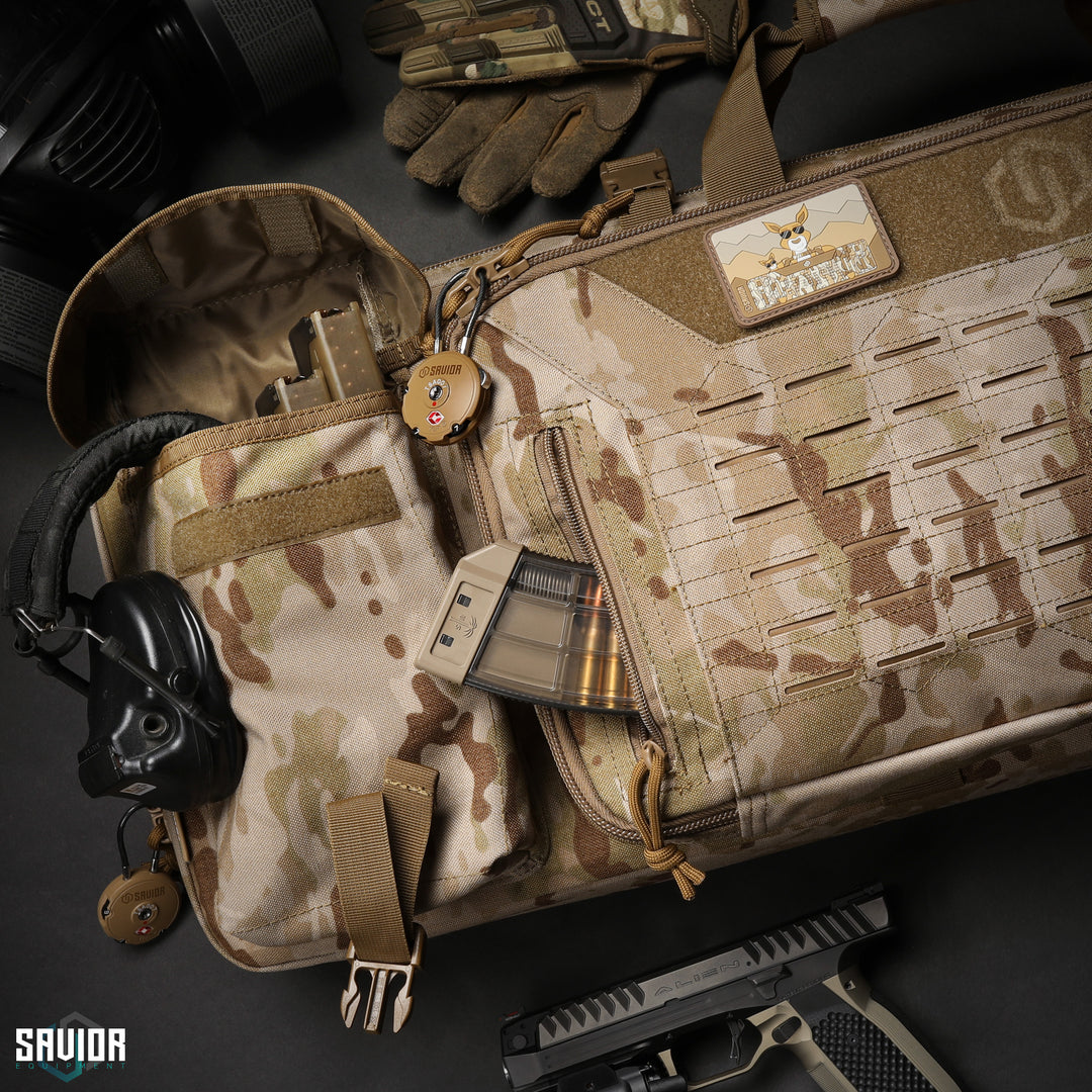 Everything You'll Need - Spacious enough to easily store magazines, hearing protection, and other accessories. Lockable zipper sliders for both firearm compartments. Accessories shown not included.#color_multicam-arid