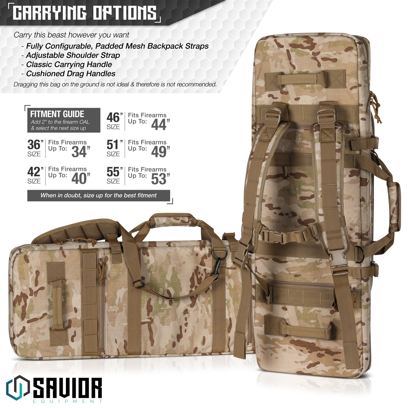 Carrying Options - Caarry this beast however you want. Fully configurable, padded mesh backpack straps. Adjustable shoulder strap. Classic carrying handle. Cushioned drag handles. Dragging this bag on the ground is not ideal and there is not recommended.