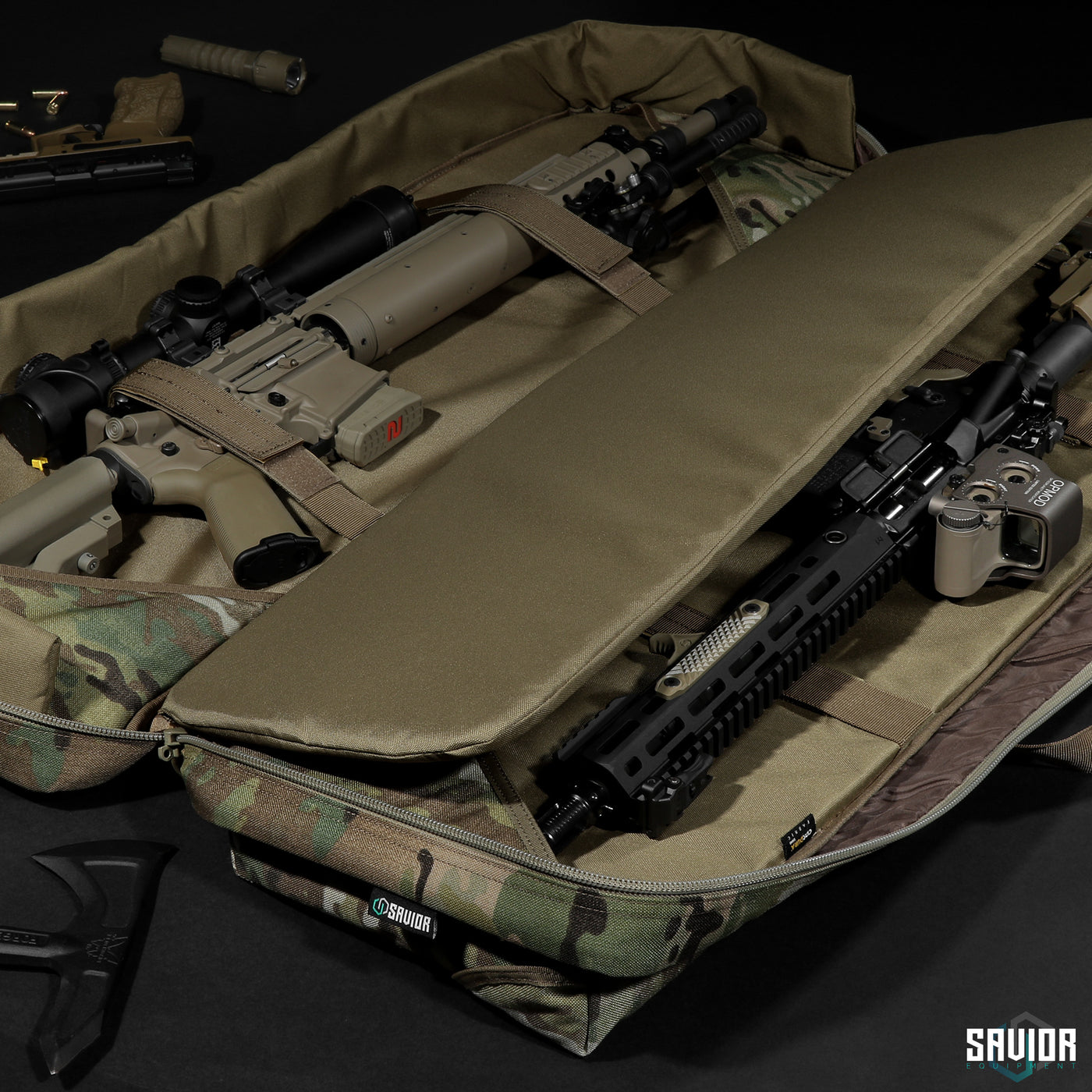 Double Rifle Slots - 1000D Multicam fabric interior. Extra padding for all-around protection. Straps to lockdown your firearms during transportation. Firearms shown not included.