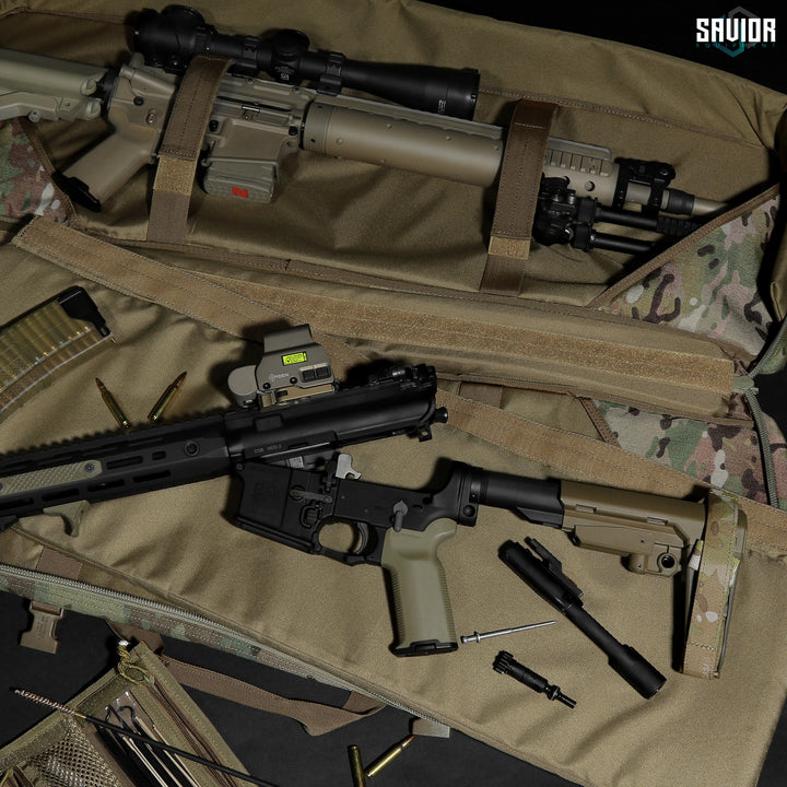 Removable Divider - Separate Your Firearms Into Its Own Personal Compartment or Use it as an Additional Mat when Removed. Upgraded design allows bag to lay completely flat. Firearms shown not included.#color_multicam