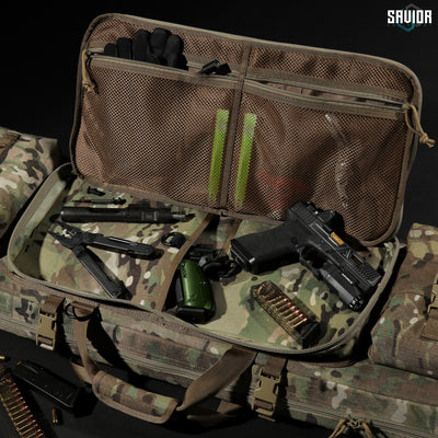 Dual Pistol Pockets - Large padded sleeves with hook & loop fastener strips. Store any additional accessories in the upgraded mesh pockets. Firearm & accessories shown not included.#color_multicam