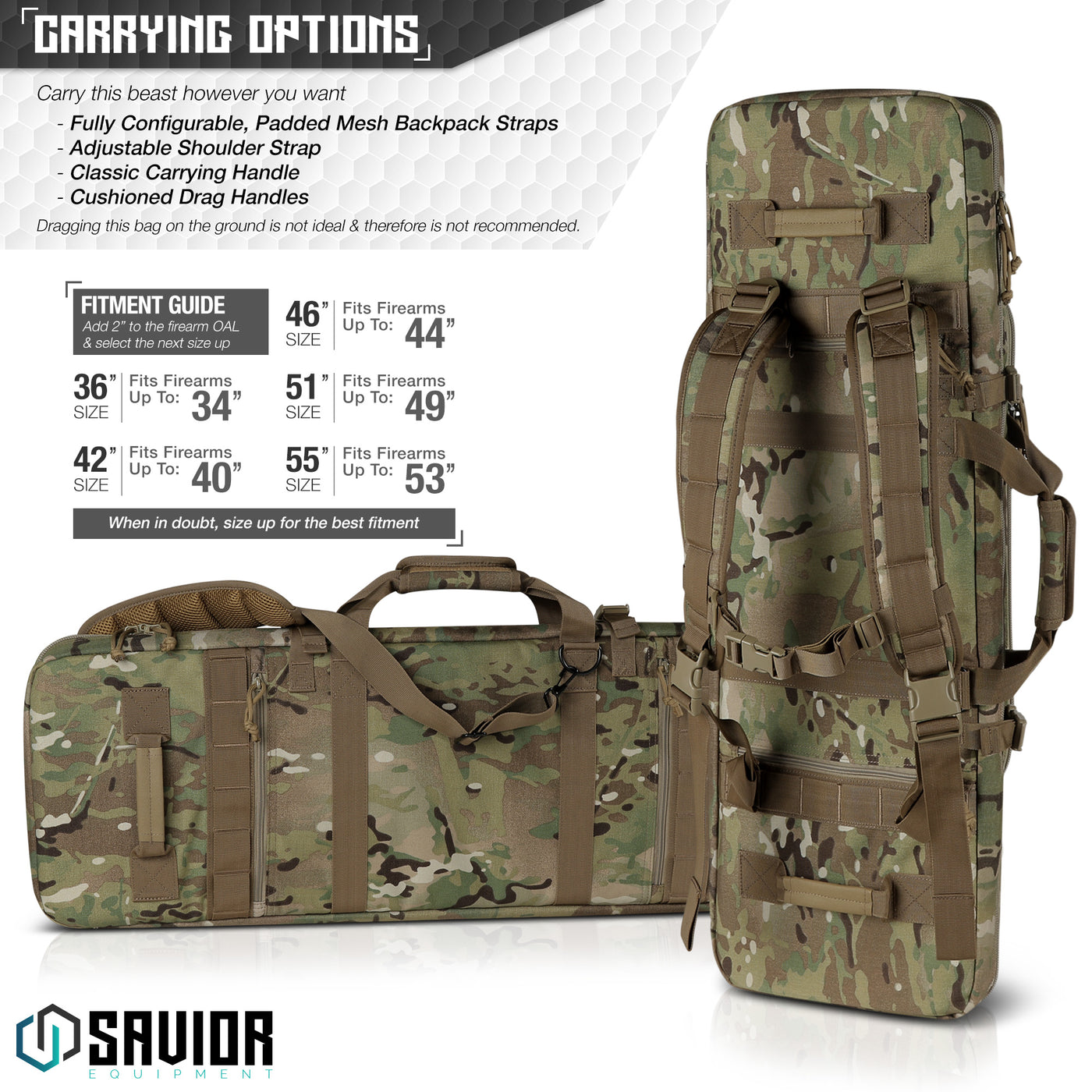 Carrying Options - Caarry this beast however you want. Fully configurable, padded mesh backpack straps. Adjustable shoulder strap. Classic carrying handle. Cushioned drag handles. Dragging this bag on the ground is not ideal and there is not recommended.