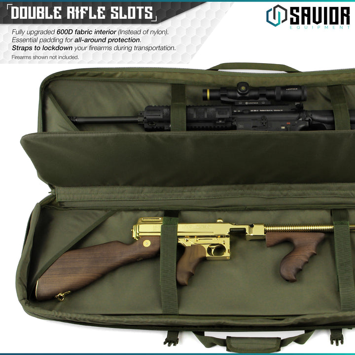 Double Rifle Slots - Fully upgraded 600D fabric interior (instead of nylon). Essential padding for all-around protection. Straps to lockdown your firearms during transportation. Firearms shown not included.#color_od-green