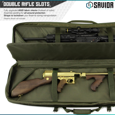 Double Rifle Slots - Fully upgraded 600D fabric interior (instead of nylon). Essential padding for all-around protection. Straps to lockdown your firearms during transportation. Firearms shown not included.