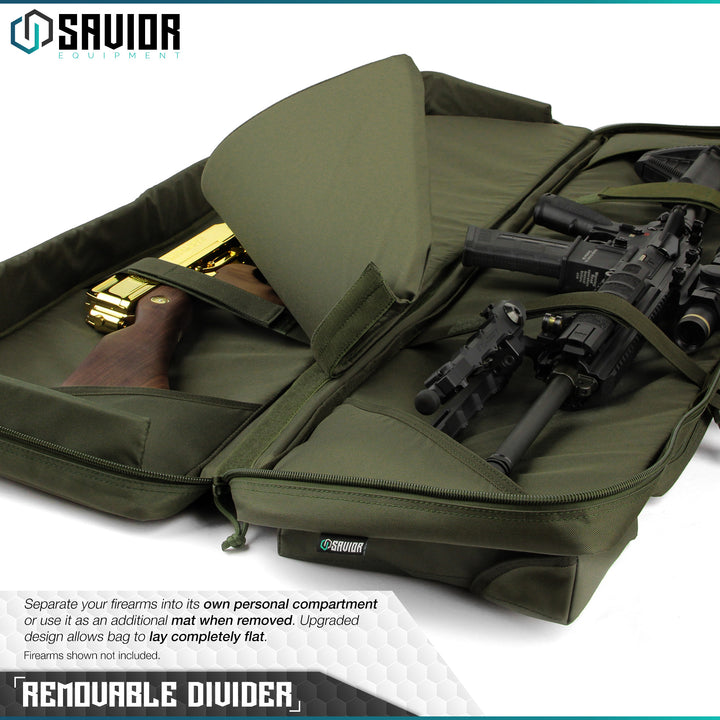 Removable Divider - Separate Your Firearms Into Its Own Personal Compartment or Use it as an Additional Mat when Removed. Upgraded design allows bag to lay completely flat. Firearms shown not included.#color_od-green