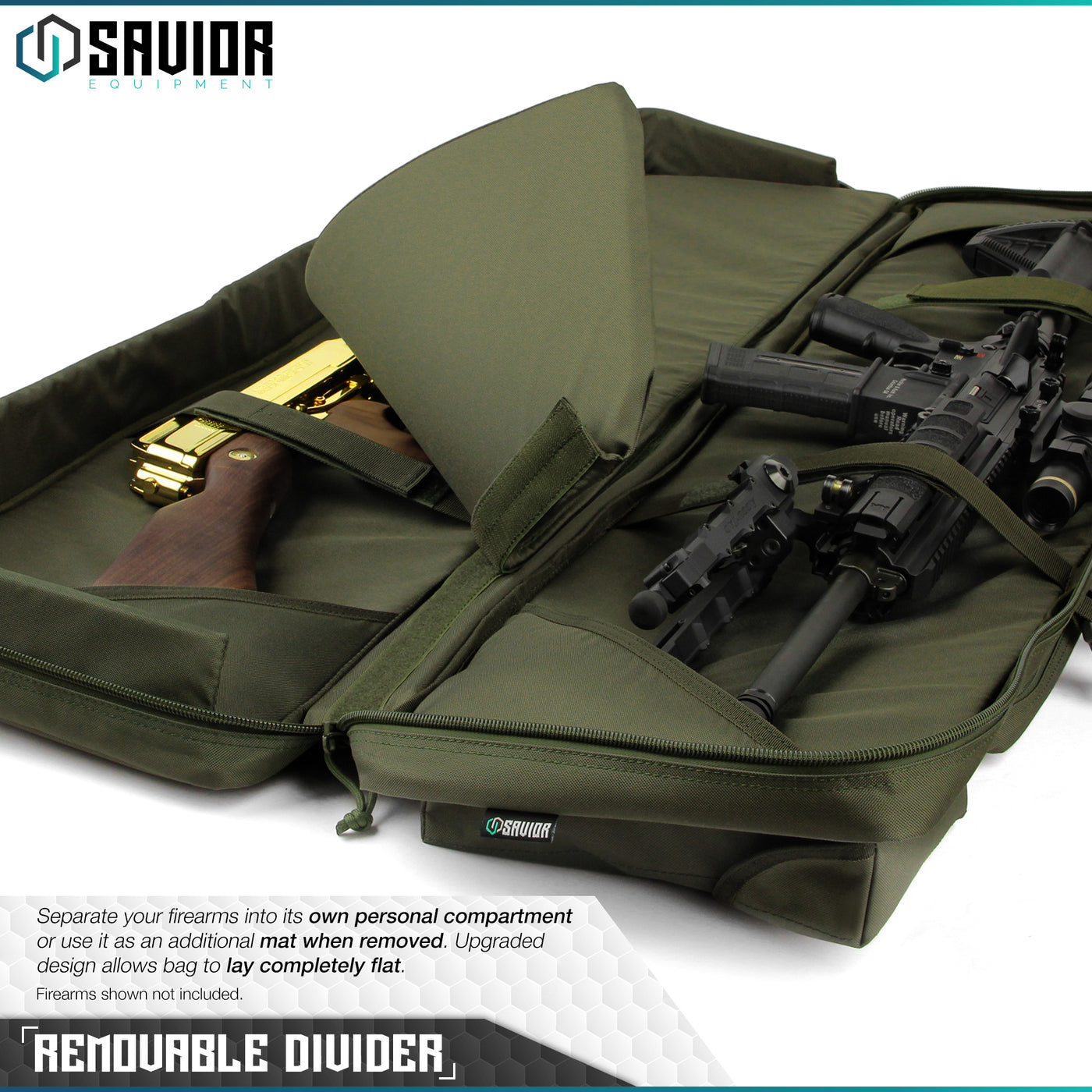 Removable Divider - Separate Your Firearms Into Its Own Personal Compartment or Use it as an Additional Mat when Removed. Upgraded design allows bag to lay completely flat. Firearms shown not included.