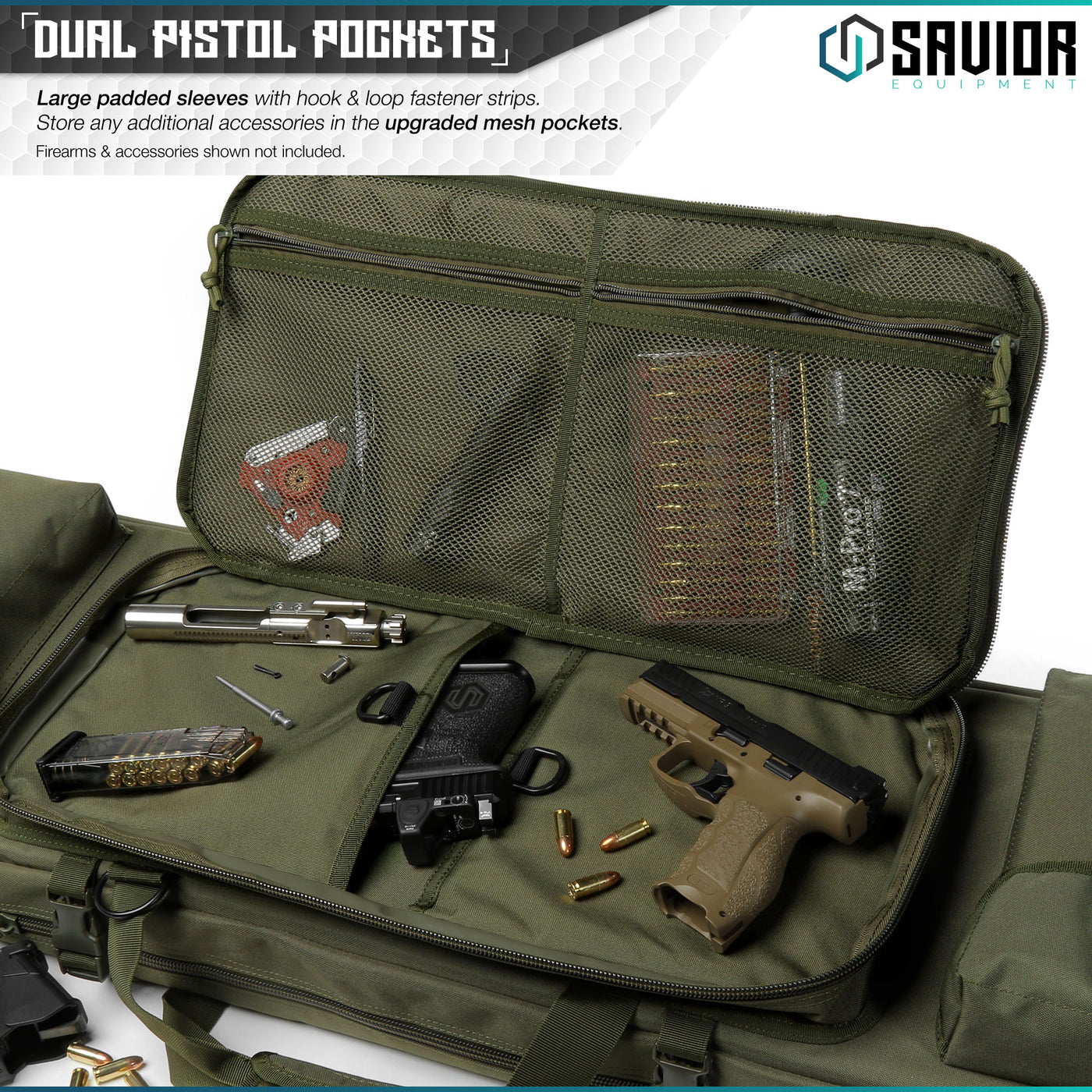 Dual Pistol Pockets - Large padded sleeves with hook & loop fastener strips. Store any additional accessories in the upgraded mesh pockets. Firearm & accessories shown not included.#color_od-green