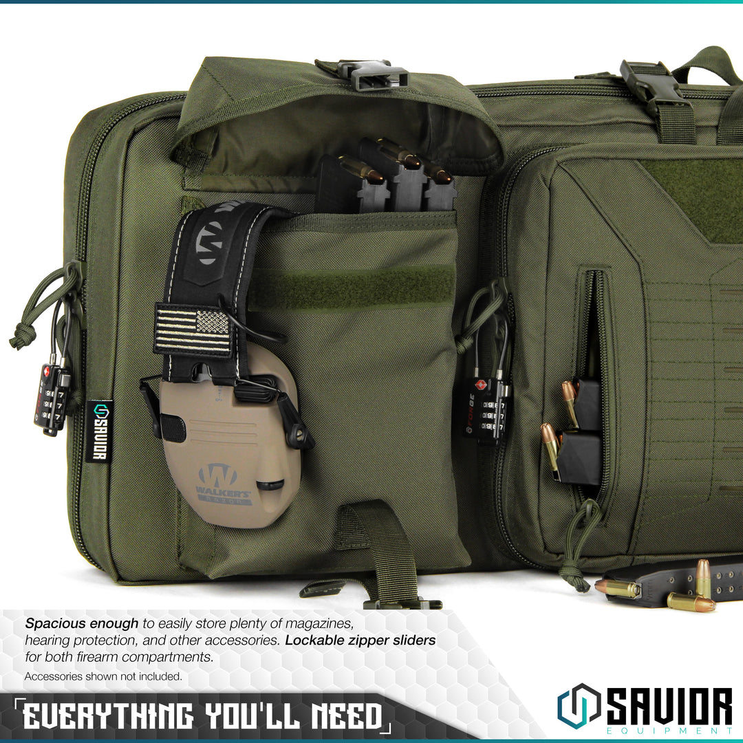 Everything You'll Need - Spacious enough to easily store magazines, hearing protection, and other accessories. Lockable zipper sliders for both firearm compartments. Accessories shown not included.#color_od-green