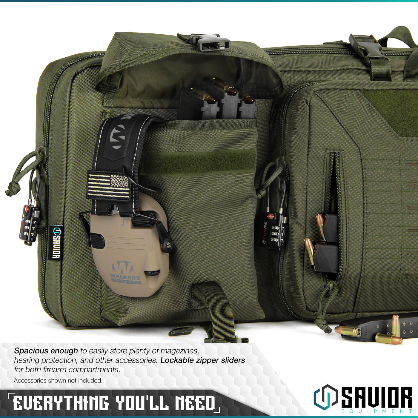 Everything You'll Need - Spacious enough to easily store magazines, hearing protection, and other accessories. Lockable zipper sliders for both firearm compartments. Accessories shown not included.