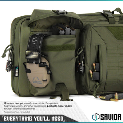 Everything You'll Need - Spacious enough to easily store magazines, hearing protection, and other accessories. Lockable zipper sliders for both firearm compartments. Accessories shown not included.