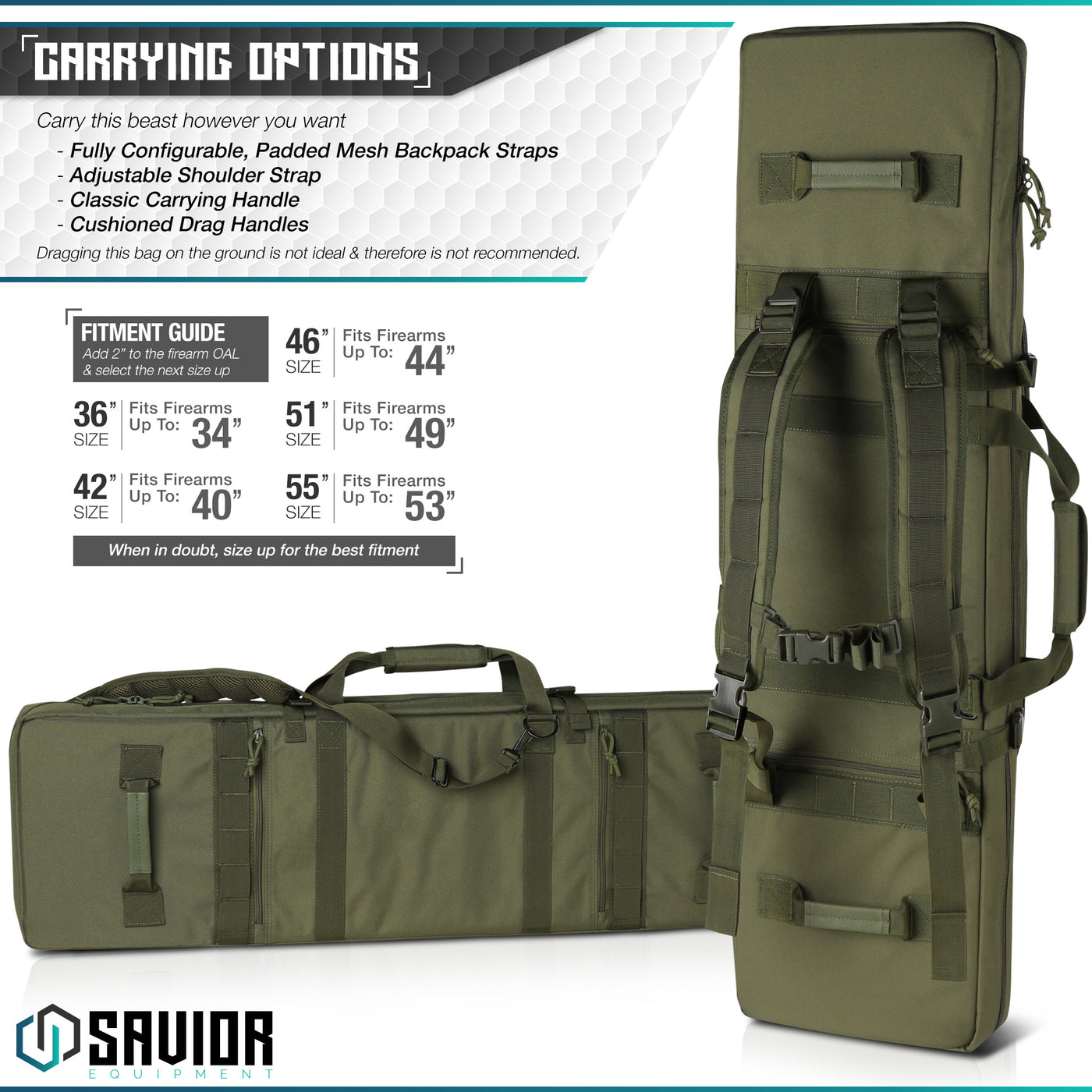 Carrying Options - Caarry this beast however you want. Fully configurable, padded mesh backpack straps. Adjustable shoulder strap. Classic carrying handle. Cushioned drag handles. Dragging this bag on the ground is not ideal and there is not recommended.