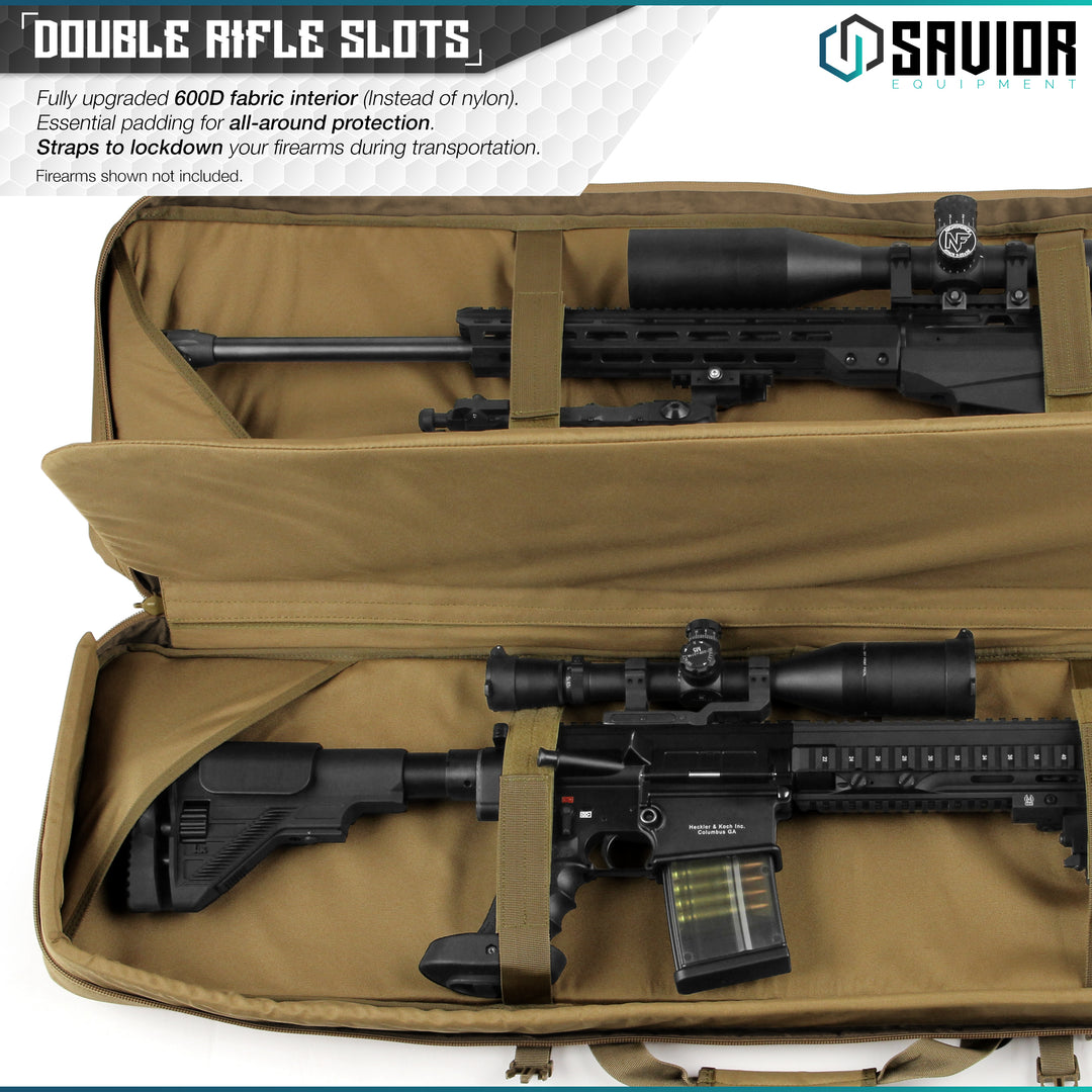 Double Rifle Slots - Fully upgraded 600D fabric interior (instead of nylon). Essential padding for all-around protection. Straps to lockdown your firearms during transportation. Firearms shown not included.#color_dark-fde