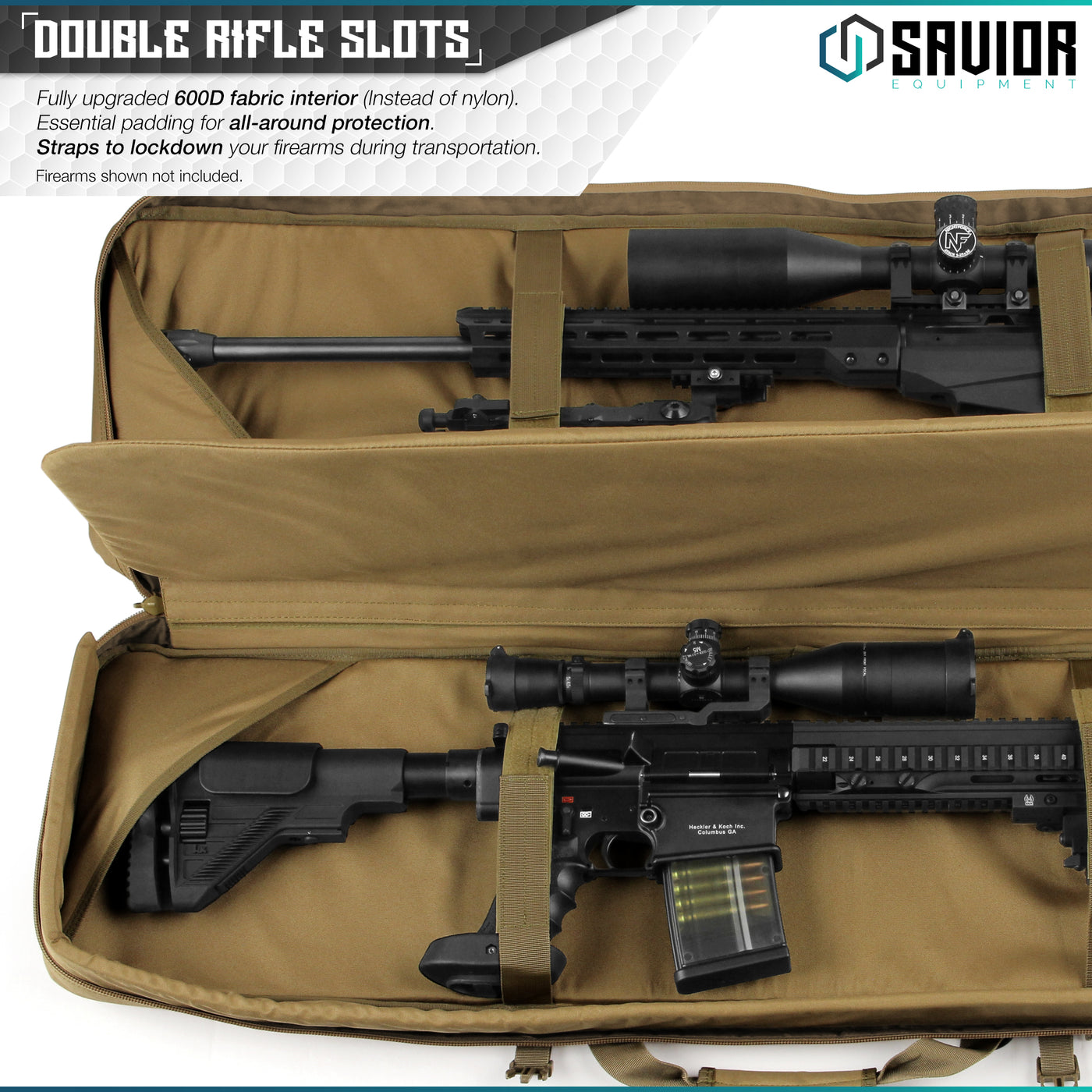 Double Rifle Slots - Fully upgraded 600D fabric interior (instead of nylon). Essential padding for all-around protection. Straps to lockdown your firearms during transportation. Firearms shown not included.