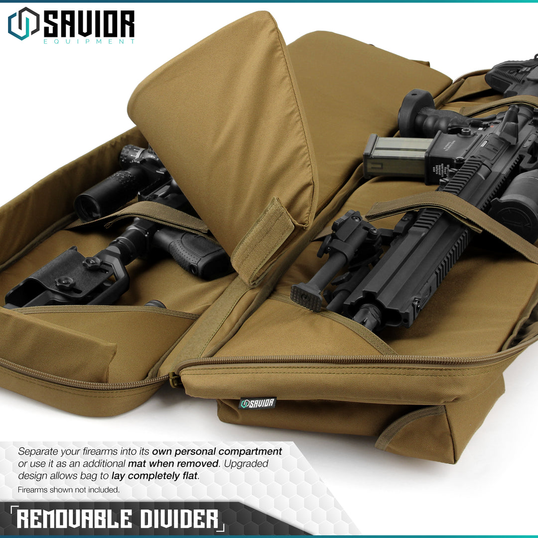 Removable Divider - Separate Your Firearms Into Its Own Personal Compartment or Use it as an Additional Mat when Removed. Upgraded design allows bag to lay completely flat. Firearms shown not included.#color_dark-fde