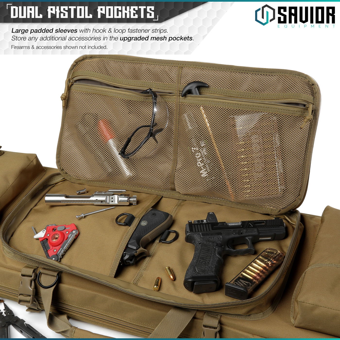 Dual Pistol Pockets - Large padded sleeves with hook & loop fastener strips. Store any additional accessories in the upgraded mesh pockets. Firearm & accessories shown not included.